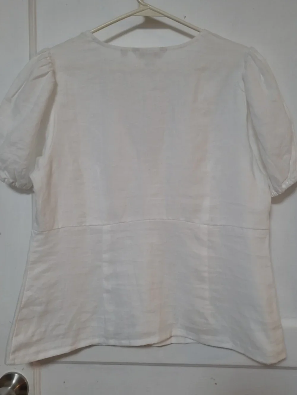 Boden Linen White Puff Sleeve Button-Front Blouse 12 LARGE